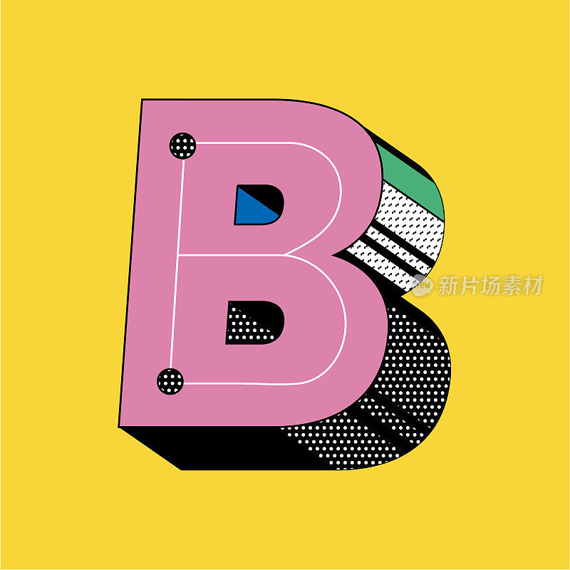 复古90年代的Y2K 3D字体设计大写字母B在方形块的颜色